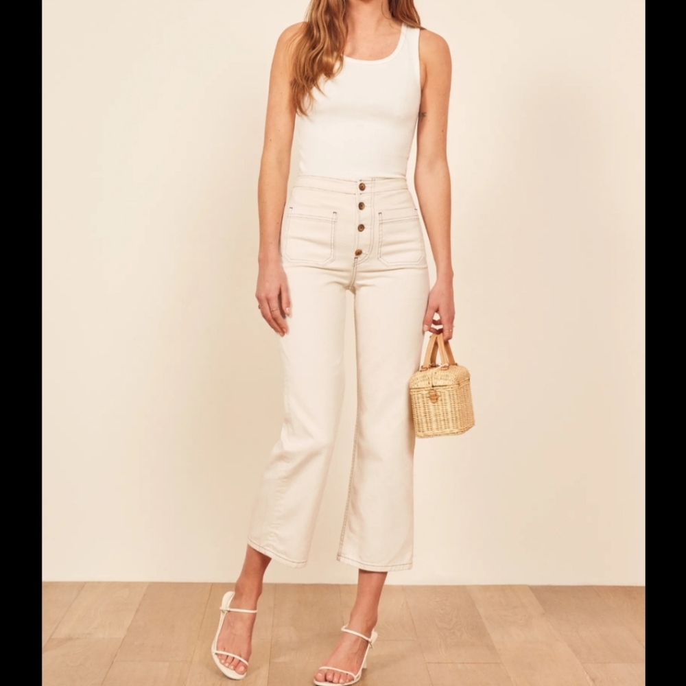 Reformation Jeans Eloise Ivory Exposed Button Non Stretch Wide Leg Pants sz 29